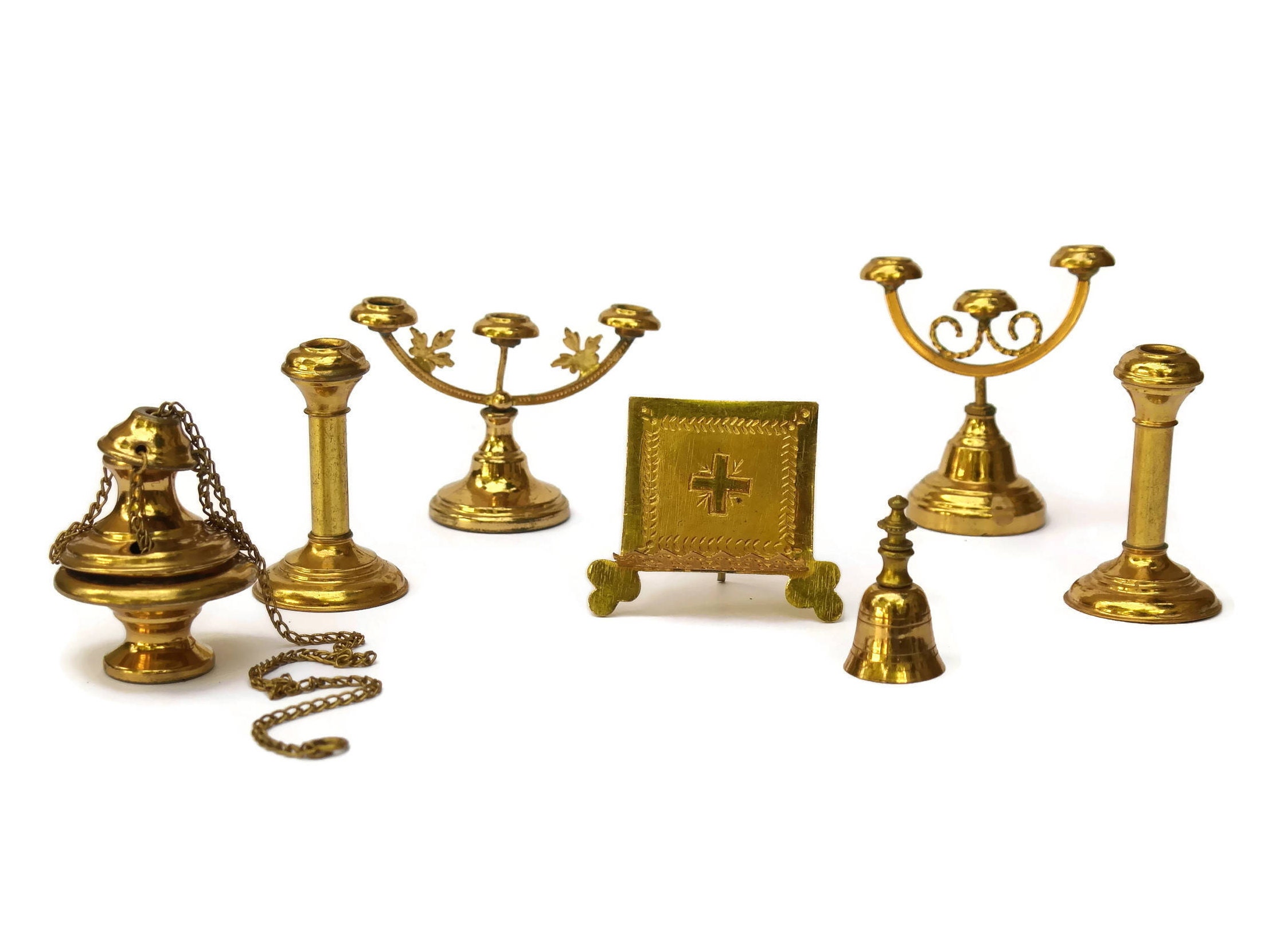 French Catholic Children's Mass Kit. Miniature Candelabra, Bible Stand