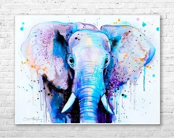 Blue Elephant Head watercolor painting print by Slaveika Aladjova, art, animal, illustration, home decor, Nursery, African, Wildlife