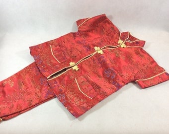 Vintage childs pajamas silk Chinese pyjamas toddlers size Christmas pyjamas with popper fastening chinoiserie red silk pyjamas 0200