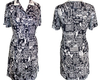 Vintage 1970's abstract flower print shirt dress with white lapels | 70s Dress | 70s shirt dress