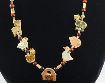 Handmade Clay Barnyard Farm Animal and Wood Bead Necklace Chicken Cow Pig Duck Horse Sheep