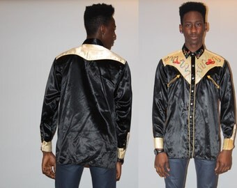 1940s Satin Embroidered Saddle Champ Pearl Button Rockabilly Ranch Wear Western Shirt - Western Satin Shirt - Rodeo Shirt - M00209