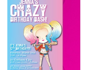 Harley Quinn Birthday Party Invitation - Harley Quinn Invitation - Cute Harley Quinn Invite - Suicide Squad - Girl Power - Printed & Shipped