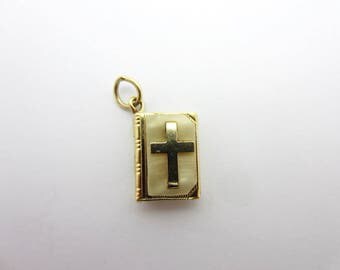 Vintage Mother of Pearl Bible Cross Charm 14k Yellow Gold Locket