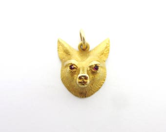 Vintage Detailed 3D Fox Face Gem Set Eyes Pendant or Charm 14k Yellow Gold Heavy