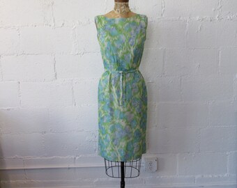 1950s Silk Jonathan Logan Dress // 50s Silk Tulip Dress // Vintage 50s Blue Green Flower Dress