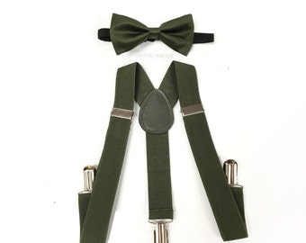 boys, boys suspenders, boys bow tie, hunter green, hunter green bow tie, hunter green suspenders, army green bowtie, army green suspenders