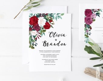 Printable Wedding Invitation Set | Romantic Invitation Suite | Watercolor Floral Invites | Simple Invitation Set | Rose Invitations | WI-034