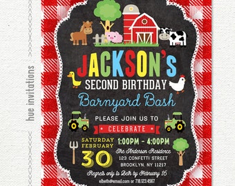 barnyard birthday invitation for boys, farm 2nd birthday party invitation, red plaid barn tractor cow pig, customized digital printable file