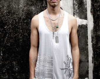 Man's Sleeveless Shirt, Men's Grey Tank Top, Burning Man, Yoga Tank Top, Printed Grey Geometric Tank Top, Original Man's Festival Wear