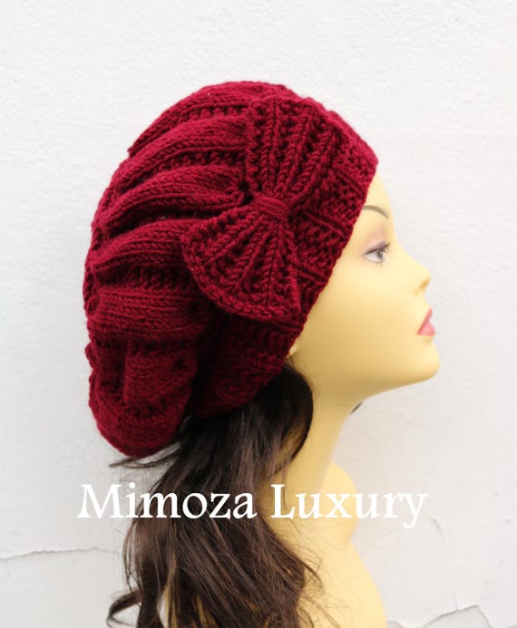 Bordeaux Red Woman Hat with Bow, Bordo Beret Lady's hat with bow, red hand knit hat, bordo slouchy winter knit women's hat with bow,