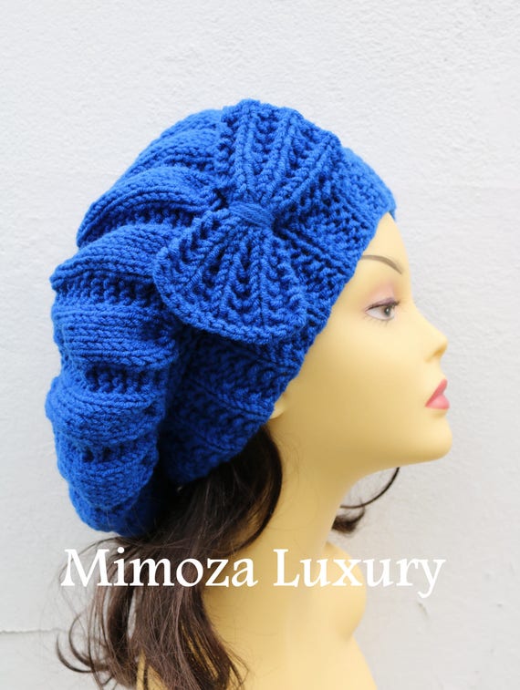 Royal Blue Woman Hand Knitted Hat with Bow, royal blue Beret hat with bow, blue knit hat, slouchy knit women's hat with bow, blue winter hat