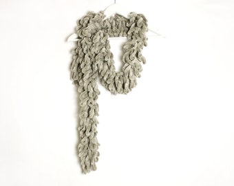 Vintage Grayish Beige Crocheted Ruffle Faux Fur Scarf Boho Avant Garde Style