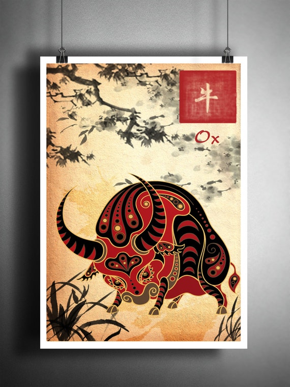 Chinois du zodiaque Ox, art mural asiatique, impression d’art astrologie, childrens art animalier, peinture à l’encre japonaise, asiatique wall decor, bull art