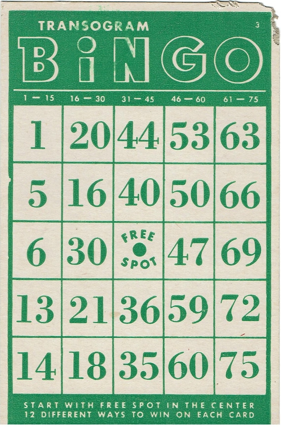 Vintage Transogram Bingo Card Green and White