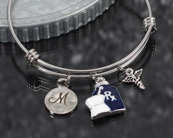 Pharmacist bracelet, caduceus charm jewelry, initial charm bracelet gift, mortar & pestle rx bottle charm, pharmacist gift