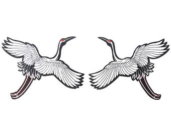 Cranes in the Sky Graphic Embroidery Applique Pair of Fabric Patches