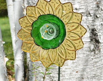 Birthday, Flower Gift, Yellow Green Flower, Home Decor, Garden Art &WeldedStem, Home Decor Sculpture, Glass Art Gift, Flower Home Decor Gift