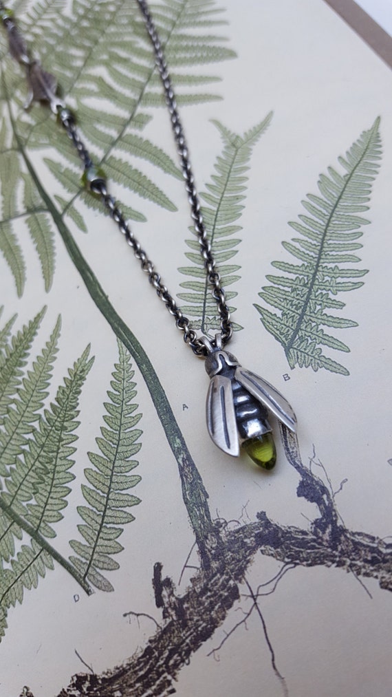 Peridot Firefly Pendant Firefly Necklace Silver Firefly with