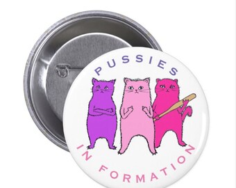Funny cat pin, protest march pin, Women's March Pussies in FORMATION button, cat middle finger pin, pussy power, funny feminist art - 3" pin