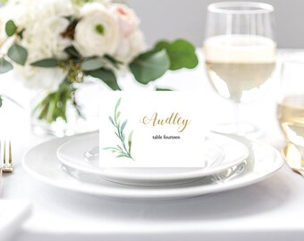 Greenery wedding table place card template - flat and folded name place cards. 3.5x2.5 inches. DIY place cards