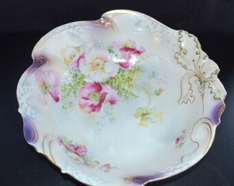 Antique German Porcelain JSV Bowl Stylized Iris Poppy Decor Johann Seltmann Bavaria