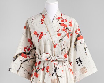 Plus Size Maternity Kimono Robe. Long Plus size Maternity Robe. Short + Long. Hospital Robe.Post Delivery Nursing.Floral Asian GG Gray Cream