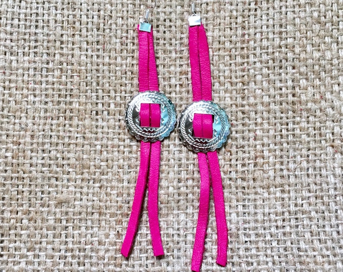 Pink Concho Earrings, Pink Suede Earrings, Concho Earrings, Tassel Earrings, Suede Earrings, Concho Jewelry, Suede Concho Earrings