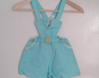 Vintage 1940's Kids' Brockways Mint Green Wavey Crepe Cotton Romper Sunsuit Overall Shorts Sz 6 WWII Era Little Rascals