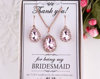Blush earrings Blush Bridesmaid Earrings Bridesmaid gift Blush bridal jewelry set Blush pink earrings Crystal Earrings with Bridesmaid card