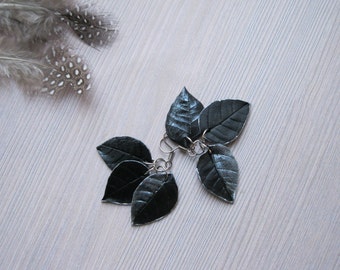 Silver drop earrings Leaf jewelry Dangle leaf earrings Black leaf earrings Silver leaf earrings Silver and black earrings Goth earrings