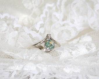 5.15mm Green Rose Cut Moissanite in 9K White Gold Vintage Ring with Diamond, Nature Inspired