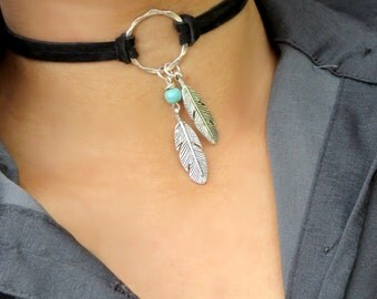 Choker Necklace, Suede Choker Necklace, Bohemian Feather Necklace, Native American Style Jewelry, Ring Choker, Leather Choker,Boho Jewelry