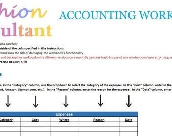 Fashion Consultant Accounting, Taxes, Expenses, Revenue, Profit - Excel Workbook Spreadsheet 2017