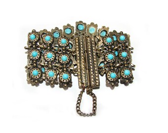 Antique Very Rare Unusual Poured Glass Pate De Verre Turquoise Vintage Ethniic Morrocan French Link Bracelet
