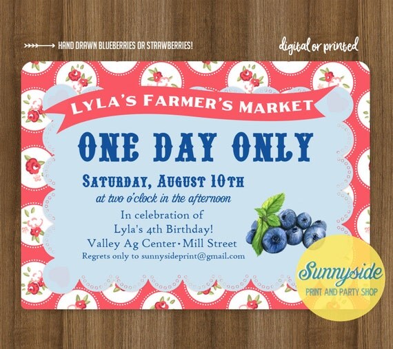 Blueberry Birthday Invitation | Farmer's Market Party Invite | printable or printed berry invitations, vintage style Il_570xn