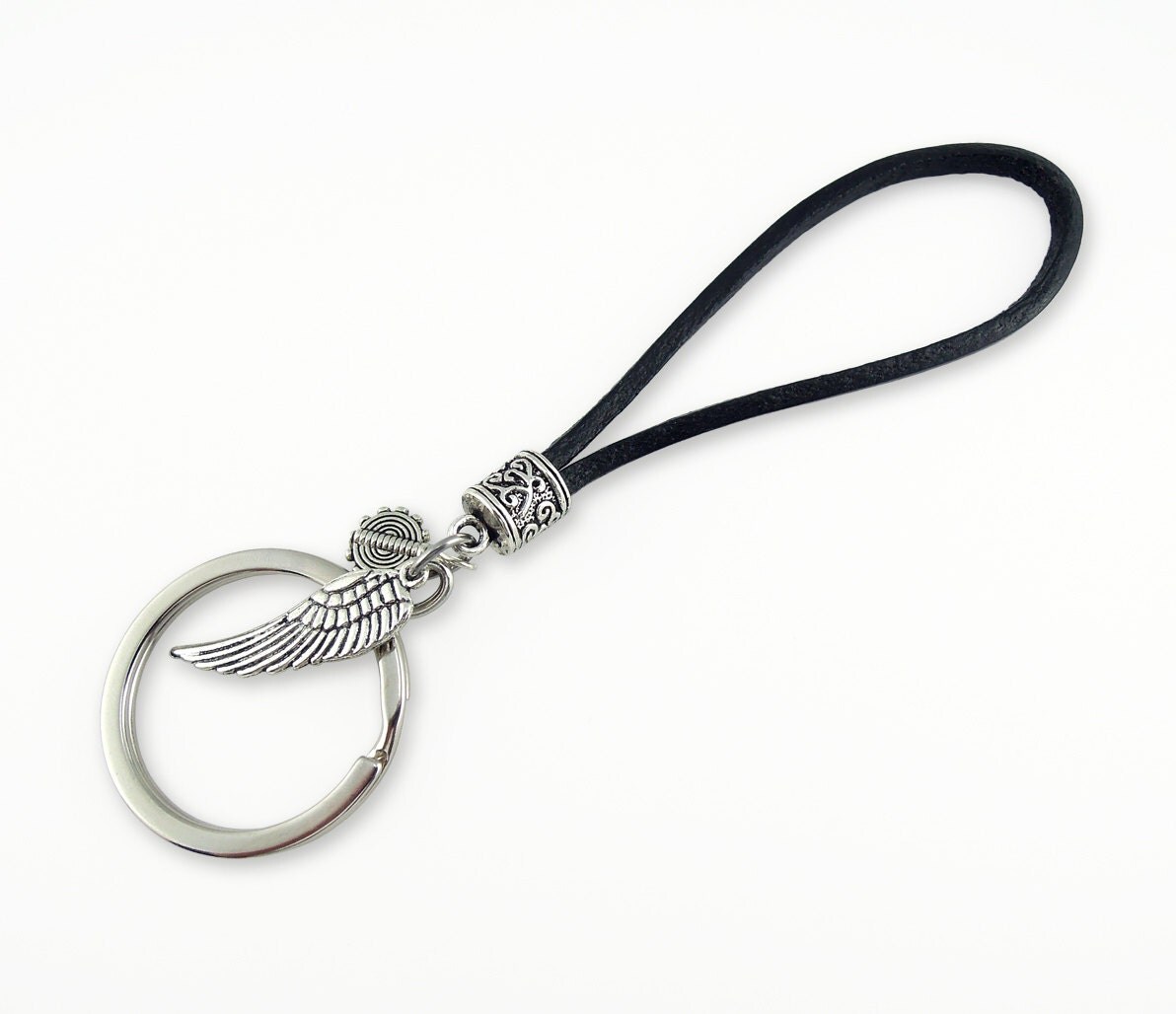 Men's Key Chain Antique Silver & Genuine Leather Loop