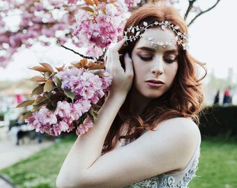 Double bridal headband, Silver forehead wedding headpiece, Boho hair jewelry, Bridal double hairvine, Wedding hair vine, Bridal hair piece