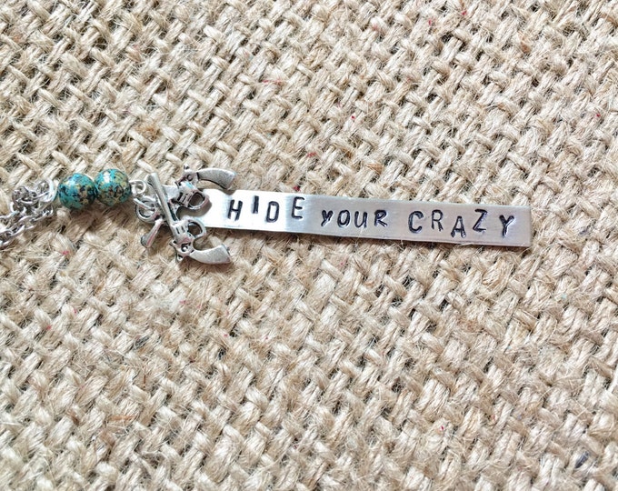 Cowgirl Necklace, Hide Your Crazy, Stamped Necklace, Hand Stamped Jewelry, Quote Necklace, Western Jewelry, Pistol Necklace, Gun Necklace