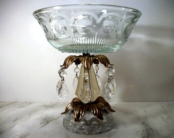 Unique Pattern Glass Fruit Bowl Compote 7 Chandelier Prisms Golden Leaf Vintage Table Decor Centerpiece