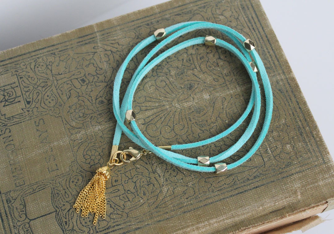 Gold Tassel Wrap Bracelet Vegan Suede Leather Cord Gold Bead