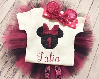 Fuschia and Black Personalized Minnie Mouse 1st Birthday Outfit, Minnie Mouse Birthday Bodysuit, Black and Pink Minnie Mouse Tutu & Headband