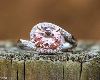 Unique Handmade 18k White Gold 2ct Oval Pink Morganite Ring Set With Total .18ct F/SI Diamonds