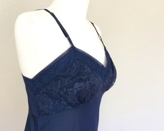 Vintage Vanity Fair Dress Slip | 50's Nylon Slip | Navy Blue Chiffon Lace 36