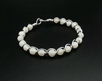 White agate gemstone bangle, agate bracelet, wire wrapped bracelet, wire wrap bracelet, bangle bracelet, beaded bracelet, silver bracelet