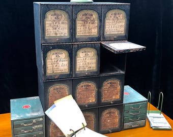 2 Antique Pharmacy Apothecary Cabinets, Medical Display Cabinet, Industrial Storage, Black Steel Card Catalog, Prescription File Cabinet Set