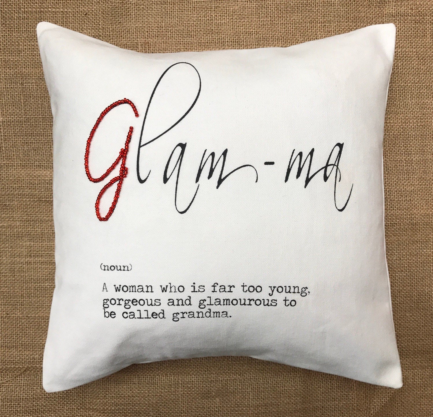 Glamorous 'Glamma' cushion/pillow with sparky red or