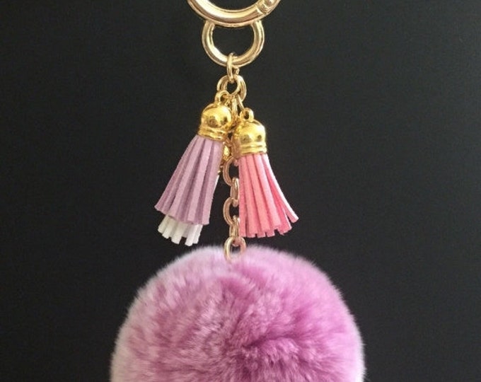 Lavender Frost Rex Rabbit Fur Pompon bag charm pendant Fur Pom Pom keychain with 3 suede tassels