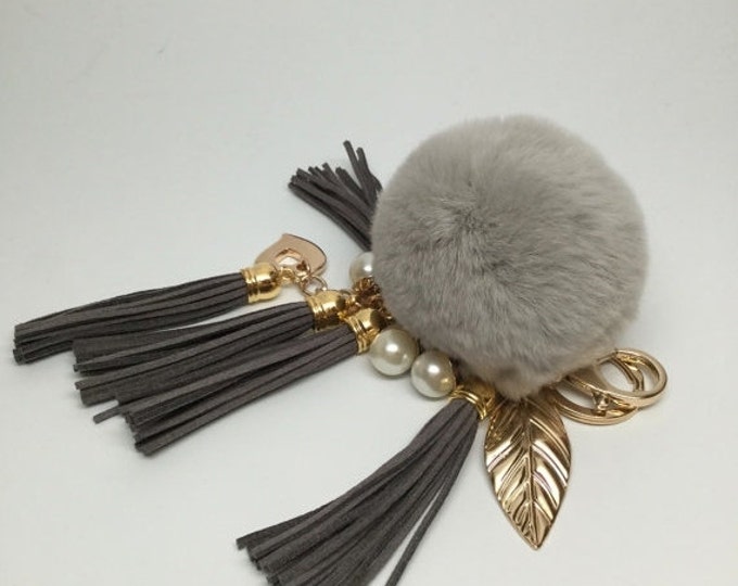 Genuine rex rabbit charm fur ball pom pom bag tassel keychain in grey with tassel elements charms pearl leaf heart