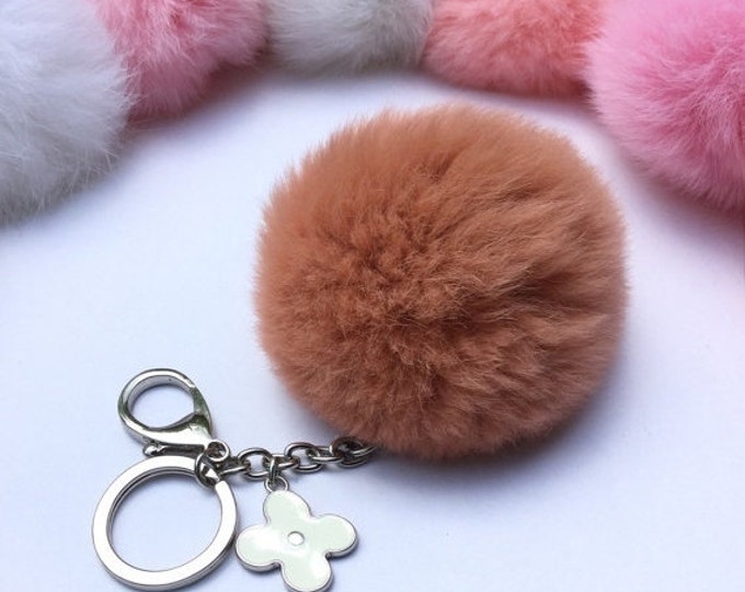 Silver Summer Series Rusty REX Rabbit fur pompom keychain ball with flower bag charm
